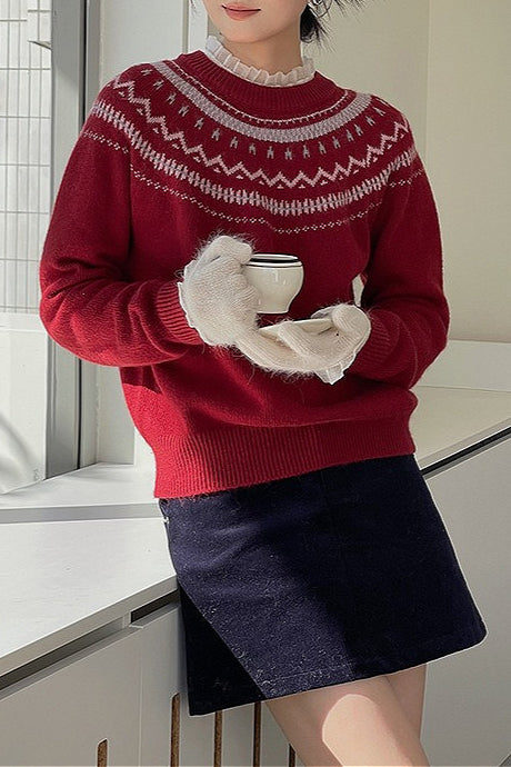 Fair Isle Pattern Loose Crew Neck Color Block Minimalist Sweater