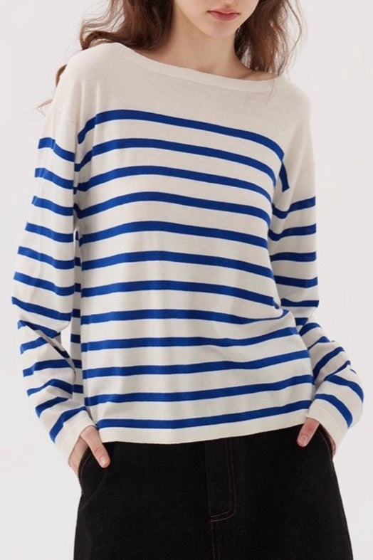 Navy Striped Relaxed Boat Neck Knit Top